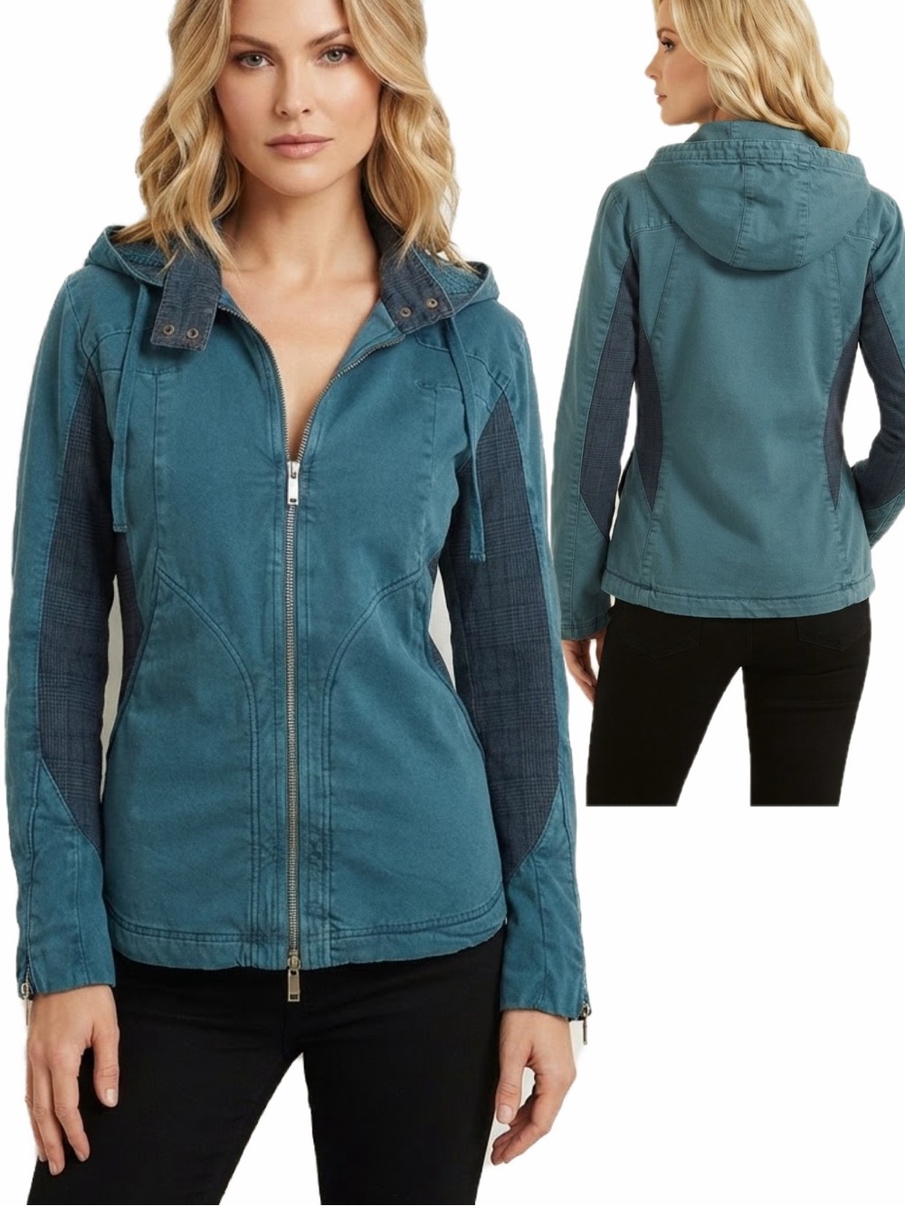 SANBAL WOMEN’S ZIPPED JACKET HOODED LINED DENIM STAND-UP COLLAR PUFFER